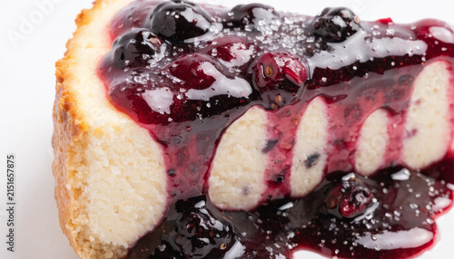 Blueberry cheesecake slice, creamy texture, topped with glossy blueberry sauce and whole berries, close up, sweet dessert, delicious and inviting, white background