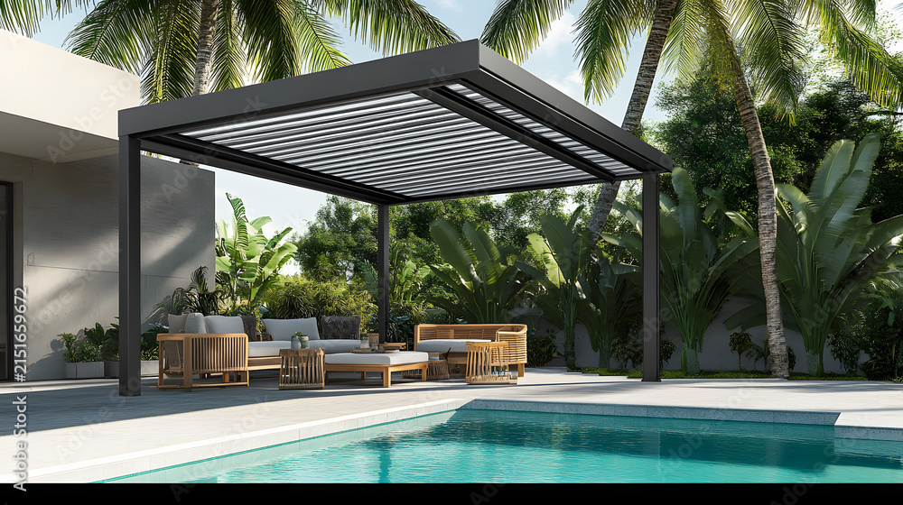 Fototapeta premium Modern Backyard Swimming Pool with Shaded Pergola and Lounge Chairs in Bright Daylight