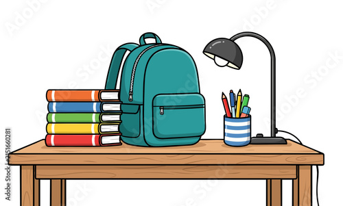 a wooden table on which there are several books neatly arranged, a school bag, a study lamp and writing utensils.