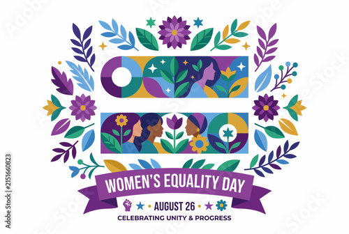Womens Equality Day Banner with Floral Elements and Female Silhouettes