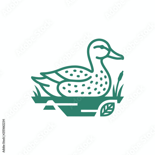 Green stylized duck illustration on white background, swimming in water with reeds and leaves.