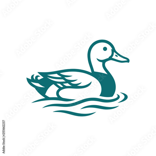 Stylized Teal Duck Swimming on Water Waves - Minimalist Vector Icon