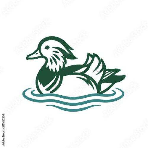 Stylized Green Duck Floating on Water, Minimalist Nature Icon