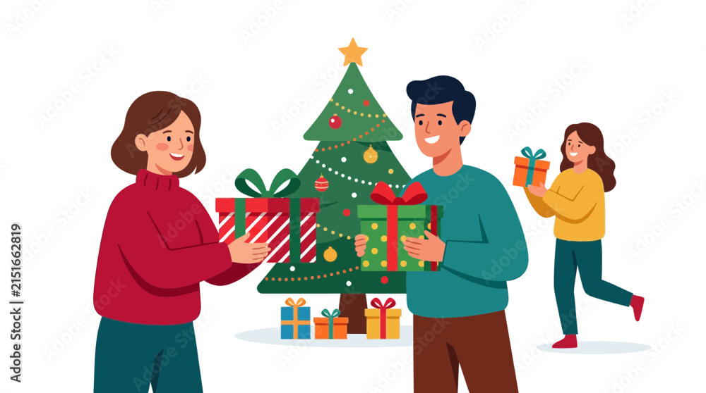 Fototapeta premium Happy family exchanging gifts near Christmas tree