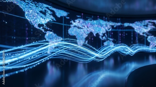 Glowing digital light waves flowing over a world map on dark screen