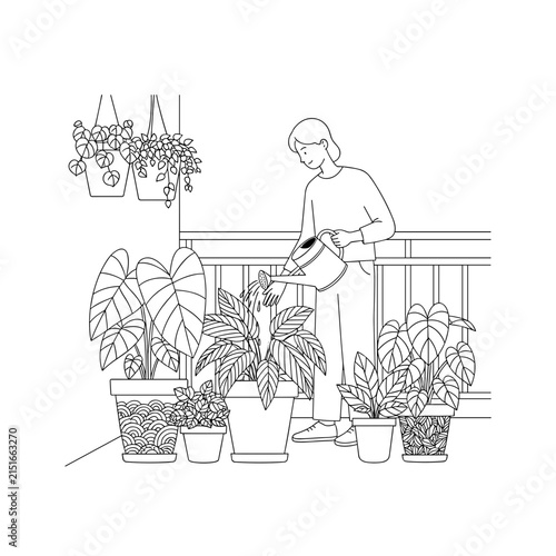 Person Watering Plants on Balcony Garden, Line Art Illustration