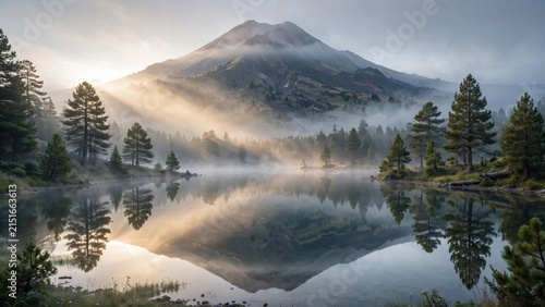 Misty Mountain Lake Sunrise Serenity.