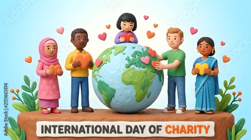 Diverse group of people caring for the earth on international day of charity concept illustration