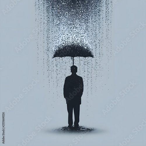 Silhouette of Man Holding Umbrella Under Dissolving Falling Rain Particles