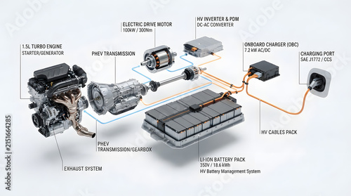 Plug-In Hybrid Electric Vehicle System Architecture Diagram with Battery Pack, Engine, Inverter, Charger and Electric Motor