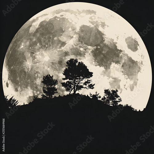 Big Full Moon Rising Over Hills and Pine Forest Tree Silhouette