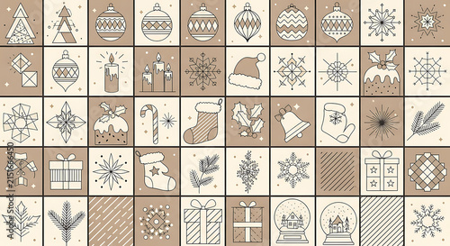 A seamless collection of Christmas icons and holiday pattern elements featuring minimalist line art and a beige aesthetic for winter elements
