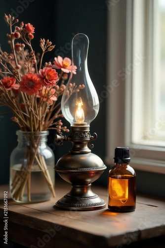 Vintage oil lamp with dried flowers on wood Essential oil bottle nearby , fragrance, ceramic, decor