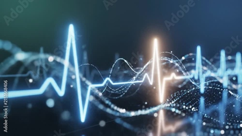 Abstract Medical Waveforms and Particles Moving in Calm Rhythm, Digital Healthcare Technology