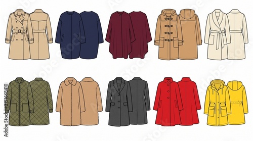 A grid of ten flat vector illustrations showcasing diverse women's coat styles, each with front and back views.