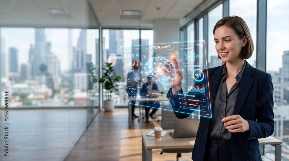 Fototapeta premium Female executive analyzing virtual data interface in a smart office environment, showing modern business technology and digital innovation.