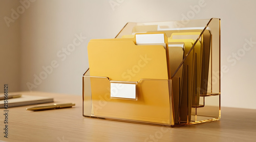 Modern transparent file organizer with bright yellow dividers on wooden surface with placed smooth wooden desk minimalist office setup warm showcases sleek transparent