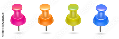 Colorful push pins for office or school supplies on transparent background