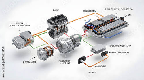 Hybrid Electric Vehicle Powertrain Architecture Diagram Showing Engine, Transmission, Electric Motor, Battery Pack and Charging System