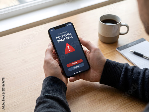 Person holding smartphone displaying potential spam call warning and block button on screen, Man receiving unwanted fake telemarketing scam call on mobile phone at desk.