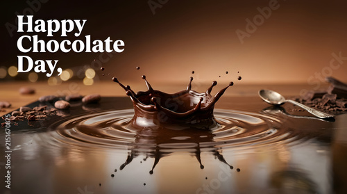 Celebratory chocolate fountain splashing with spoon with surrounded scattered chocolate pieces spoon evoking festive indulgence under warm shape droplets surrounded