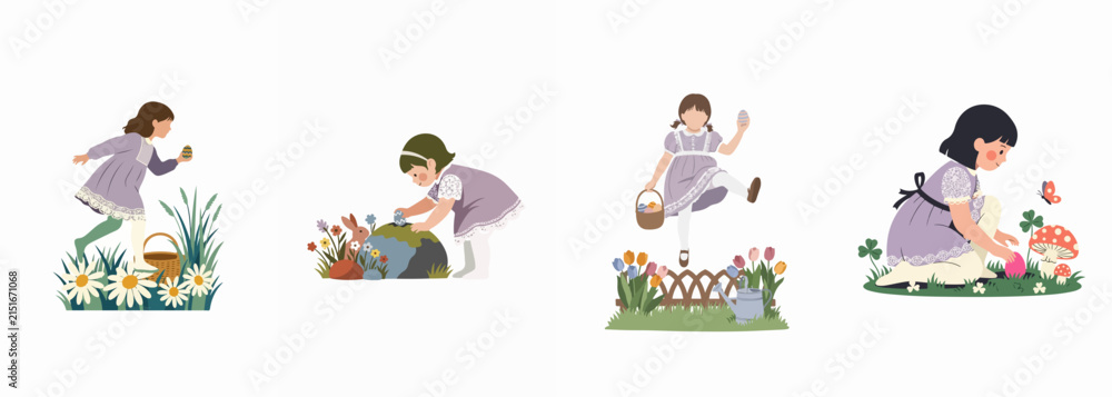 Fototapeta premium Set of four flat vector illustrations featuring young girls in purple dresses engaging in spring activities like flower picking, dancing, and gardening.