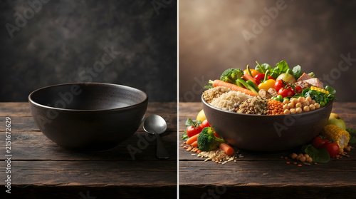 healthy food choice comparison with empty and nutritious bowl