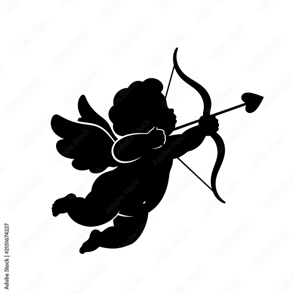 Fototapeta premium Icon of cupid holding bow and arrow silhouette with valentines silhouette mythology affection celebration valentine isolated