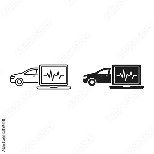 Digital car diagnostic icons in outline and solid styles for automotive service and repair themes.