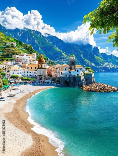 Scenic Amalfi Coast Townscape Illustration with Beach and Sea, Italy