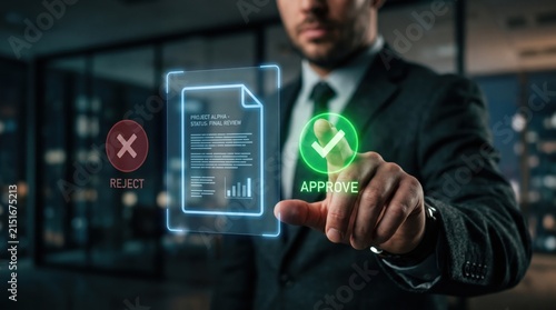 Digital Approval Process: A businessman in a suit approves a document on a futuristic digital interface, symbolizing efficient decision-making and modern business operations.