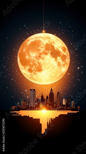 Luminous Full Moon Over Futuristic City Skyline Digital Art