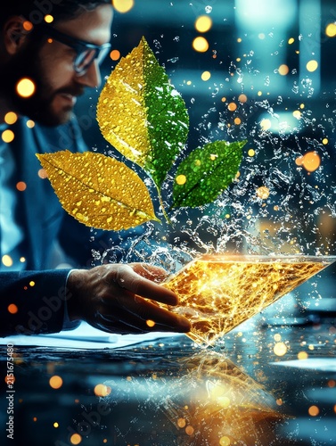 Sustainable Technology Innovation: Businessman with Glowing Tablet and Eco Leaves