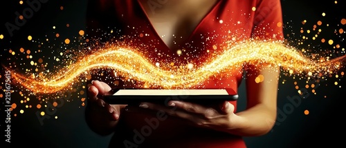 Digital Innovation and Connectivity: Woman Holding Tablet with Glowing Data Stream