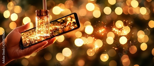Hand Holding Smartphone with Festive Sparkler Lights - Digital Celebration Concept