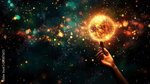 Hand Holding Glowing Idea Light Bulb in Futuristic Sparkle Background