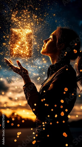 Empowered Woman Interacting with Luminous Digital Magic and Future Technology