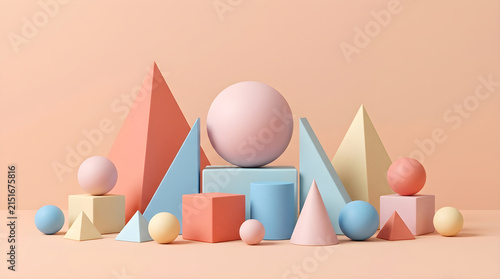 Abstract composition of colorful 3d geometric shapes on a soft peach background