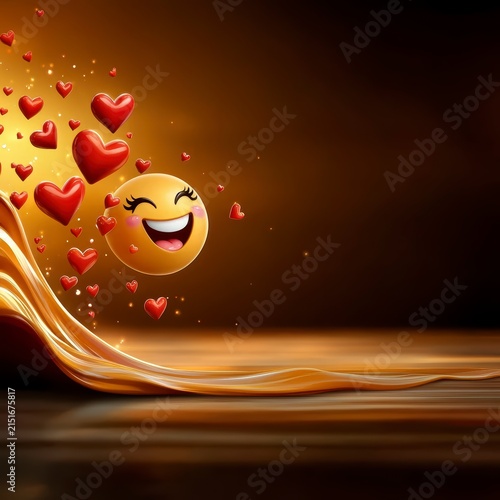 Joyful Emoji with Floating Hearts and Golden Liquid Wave Background