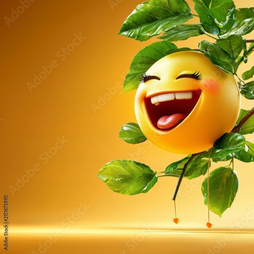 Joyful 3D Lemon Character Laughing with Green Leaves