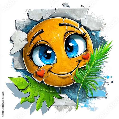 Joyful Tropical Emoji Bursting Through Cracked Wall Illustration