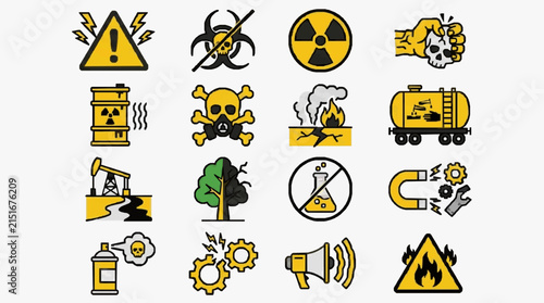 Foto Elegant Set of 20 Vibrant Yellow and Black Hazard Warning Icons Featuring Symbol