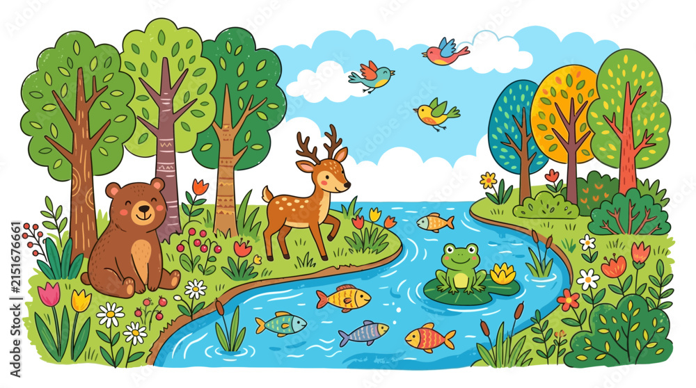 Obraz premium Cute Forest Animals, River, and Birds - Cartoon Illustration