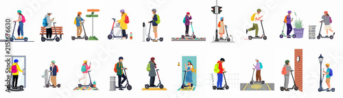 Картината върху платно Set of Vector Illustrations Showing Diverse People Using Electric Kick Scooters for Daily Urban Commuting, Emphasizing Modern Sustainable Micro-Mobility and Eco-Friendly City Travel
