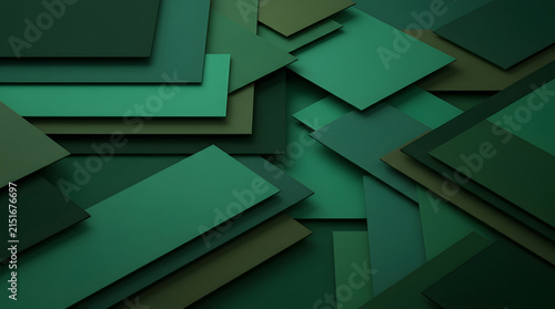 Abstract background with overlapping green paper layers, creating a minimalist geometric design with soft shadows and depth