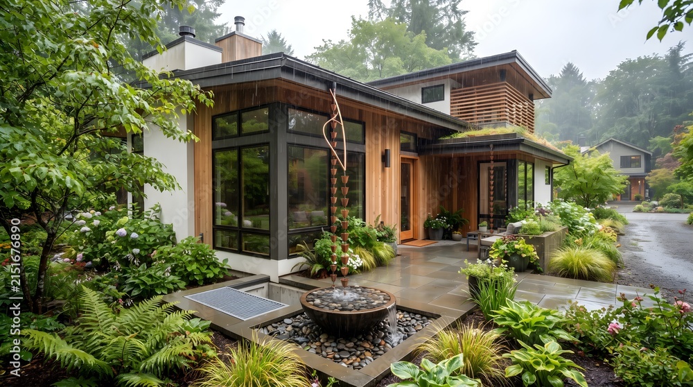 Fototapeta premium Modern residential home exterior with rainy garden landscape view