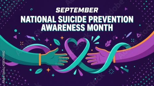 Obraz na płótnie September national suicide prevention awareness month banner with colorful hands and ribbon