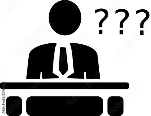 Black silhouette graphic of a businessperson with question marks above their head,.