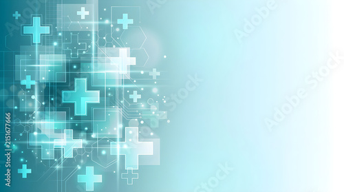 Abstract medical background with glowing blue crosses and digital network