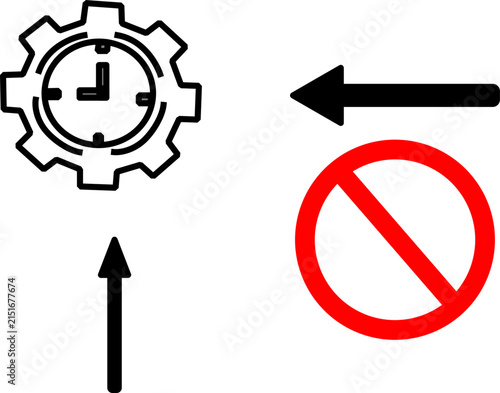 A collection of outlined graphic icons including a gear with a clock, a left arrow, a red.